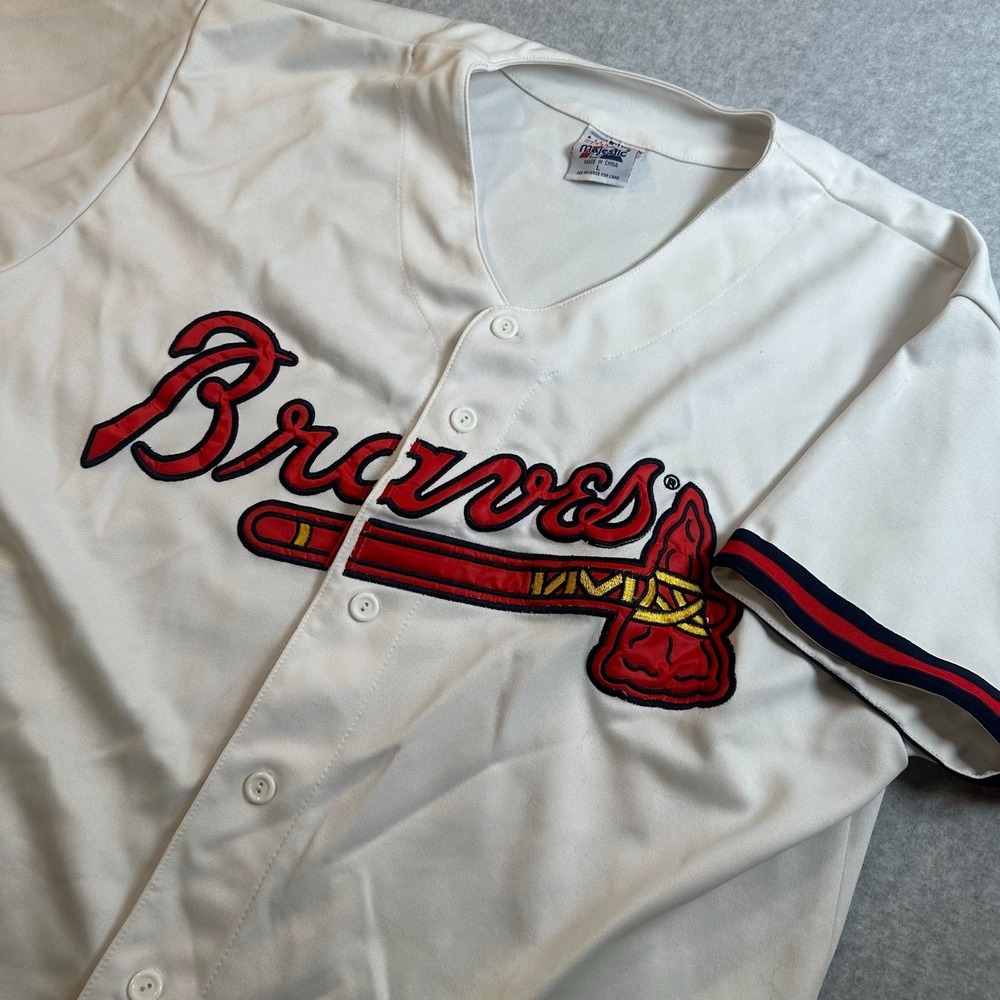 Atlanta Braves Majestic MLB Baseball Jersey White Button Front Men’s Size Large
